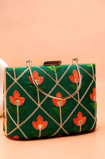  green based orange floral threadwork embroidery clutch bag for women with detachble strap