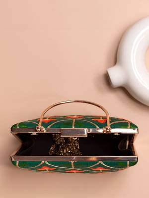  green based orange floral threadwork embroidery clutch bag for women with detachble strap 4