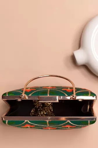  green based orange floral threadwork embroidery clutch bag for women with detachble strap