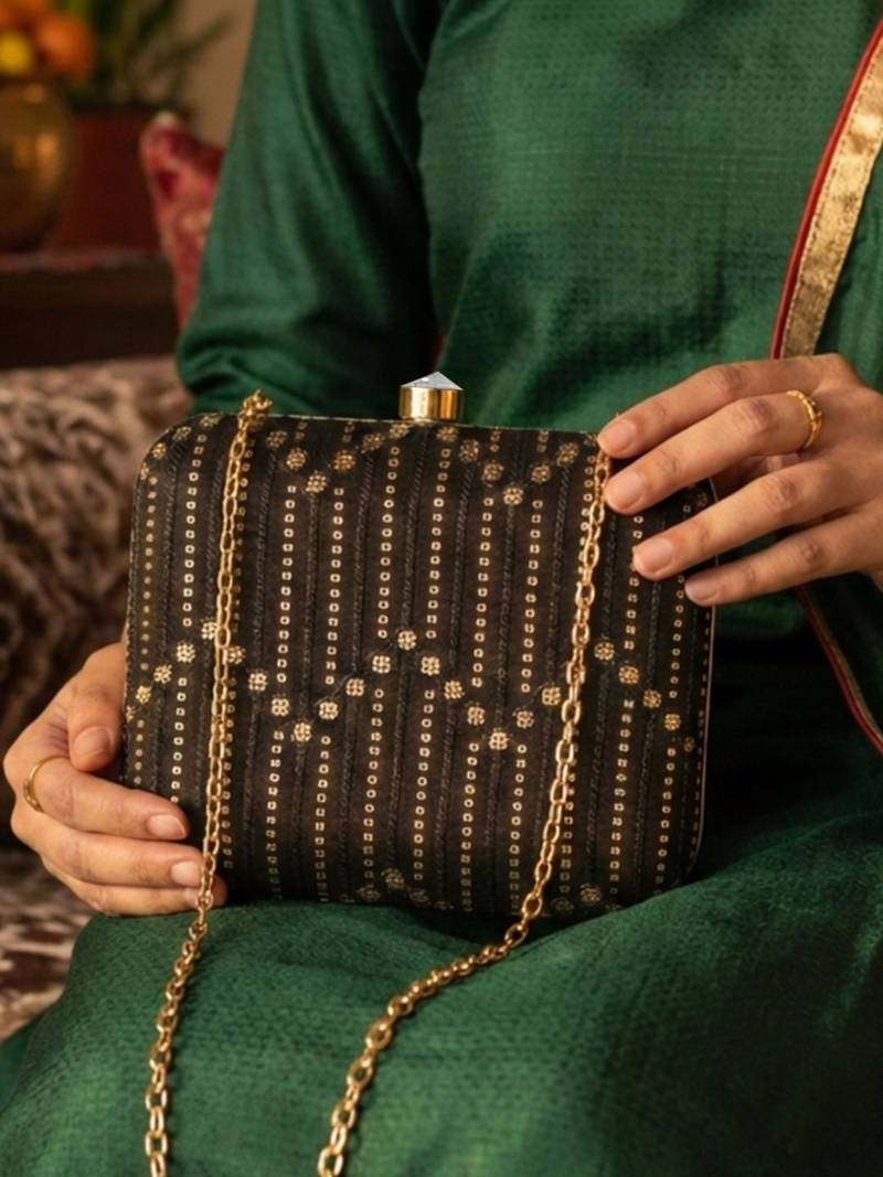  black embellished box embroidred clutch