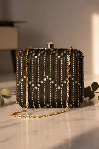  black embellished box embroidred clutch