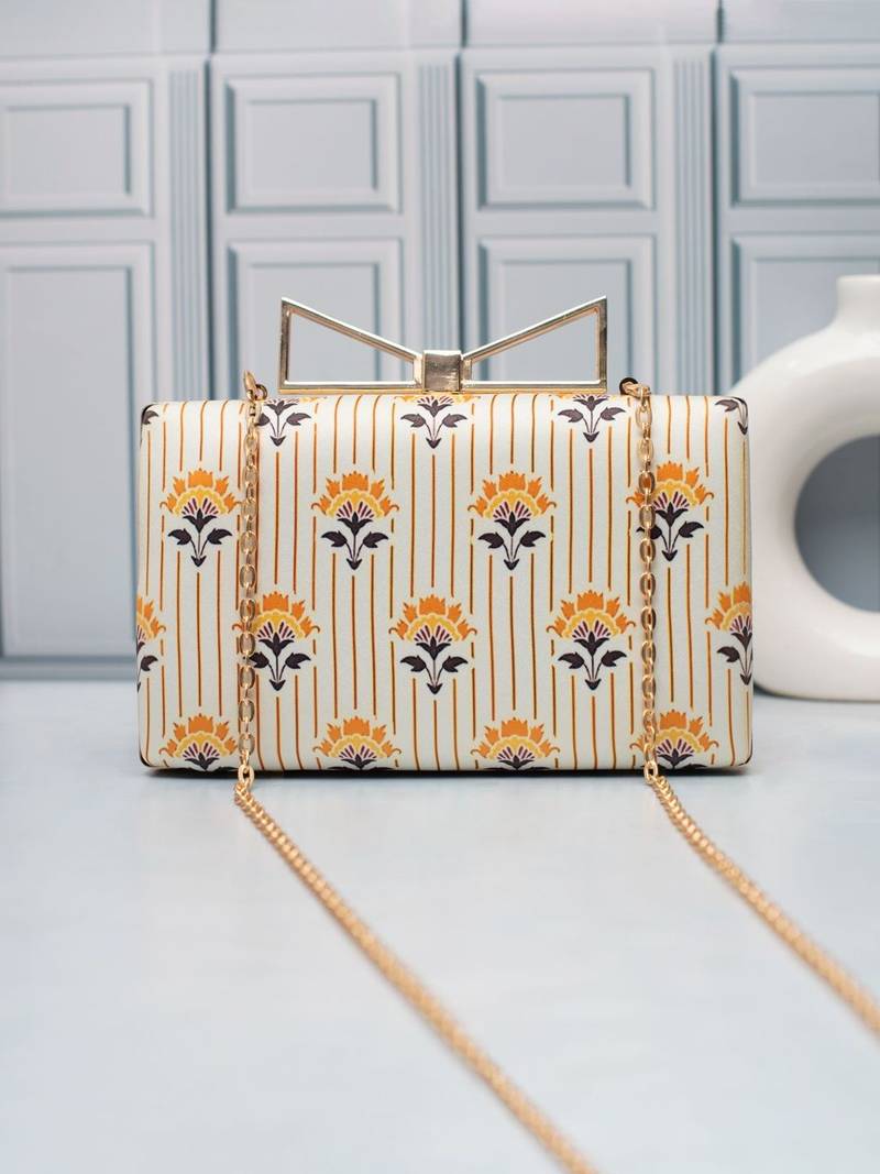  ivory gold stripe floral printed clutch