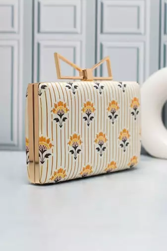  ivory gold stripe floral printed clutch
