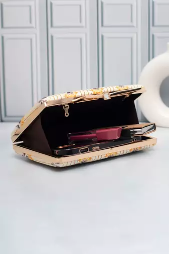  ivory gold stripe floral printed clutch