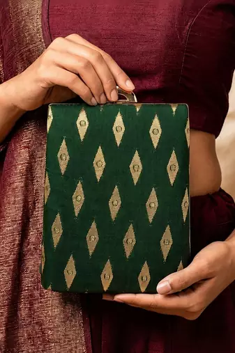 green based brocade fabric ethnic clutch bag for women