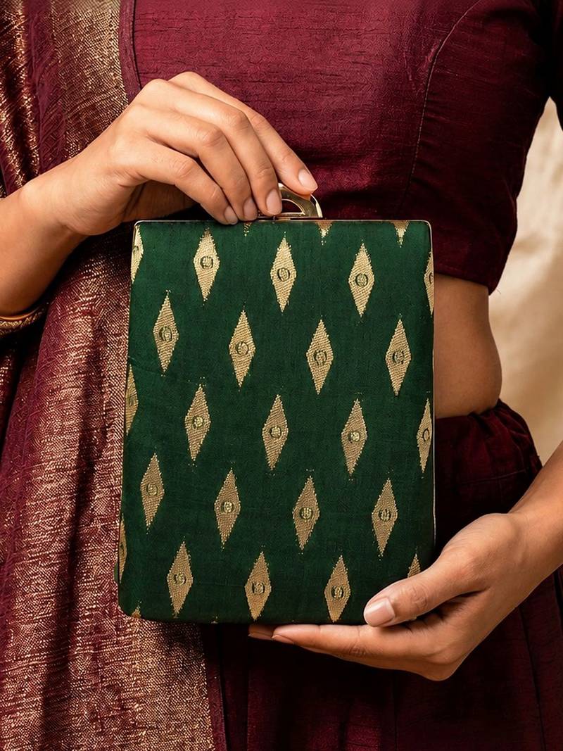  green based brocade fabric ethnic clutch bag for women
