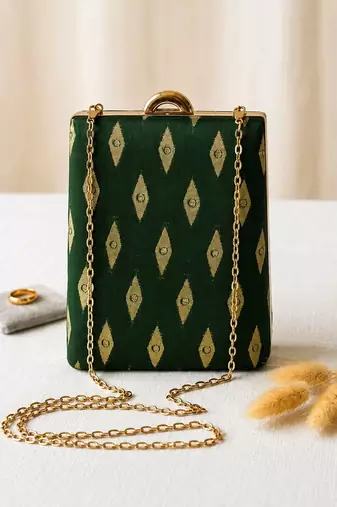  green based brocade fabric ethnic clutch bag for women