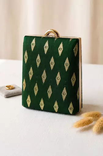  green based brocade fabric ethnic clutch bag for women