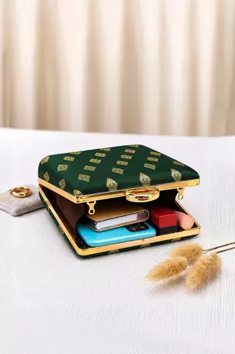  green based brocade fabric ethnic clutch bag for women