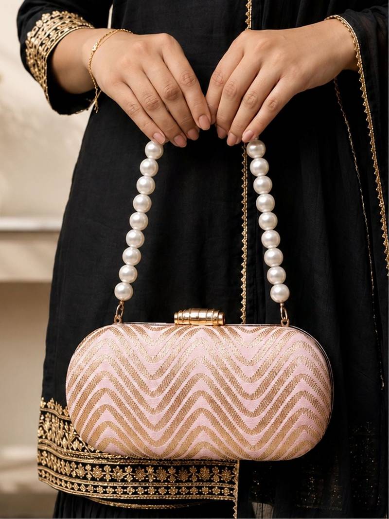  blush pink zigzag sequin designer embroidery clutch