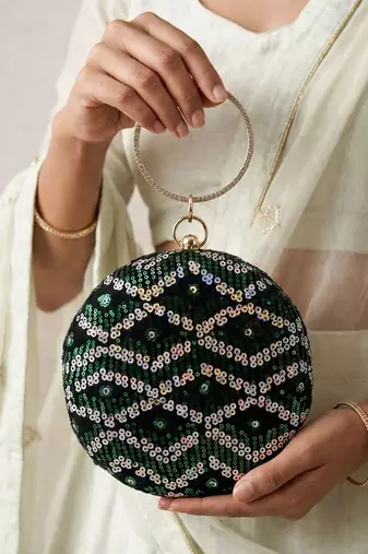 luxurious green & silver sequin embroidery clutch
