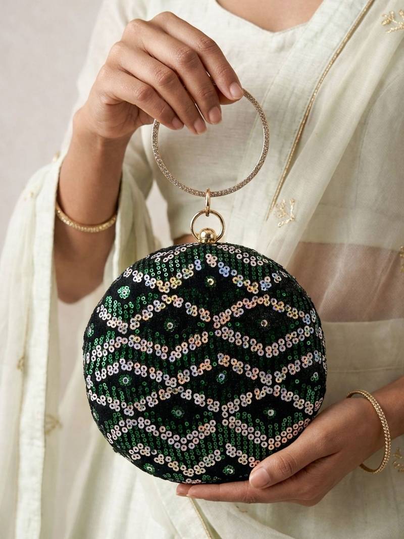  luxurious green & silver sequin embroidery clutch