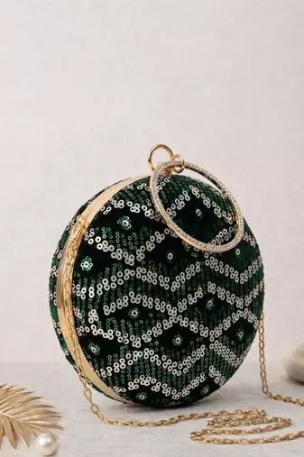  luxurious green & silver sequin embroidery clutch
