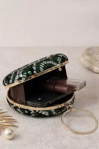  luxurious green & silver sequin embroidery clutch