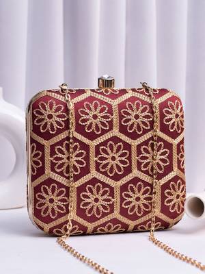  maroon based thread work embroidery clutch bag for wonen with detachable strap 1