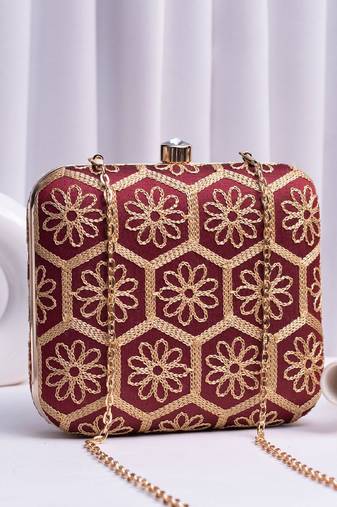  maroon based thread work embroidery clutch bag for wonen with detachable strap