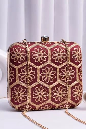  maroon based thread work embroidery clutch bag for wonen with detachable strap
