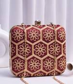  maroon based thread work embroidery clutch bag for wonen with detachable strap