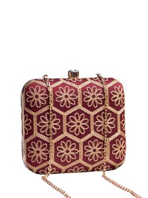  maroon based thread work embroidery clutch bag for wonen with detachable strap 2