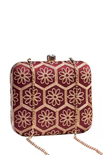  maroon based thread work embroidery clutch bag for wonen with detachable strap