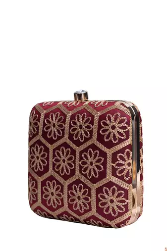  maroon based thread work embroidery clutch bag for wonen with detachable strap