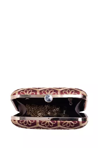  maroon based thread work embroidery clutch bag for wonen with detachable strap