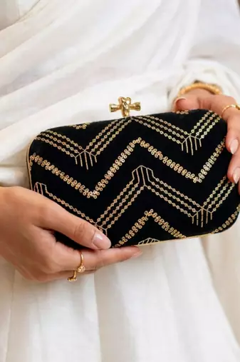  elegant black velvet embroidered clutch