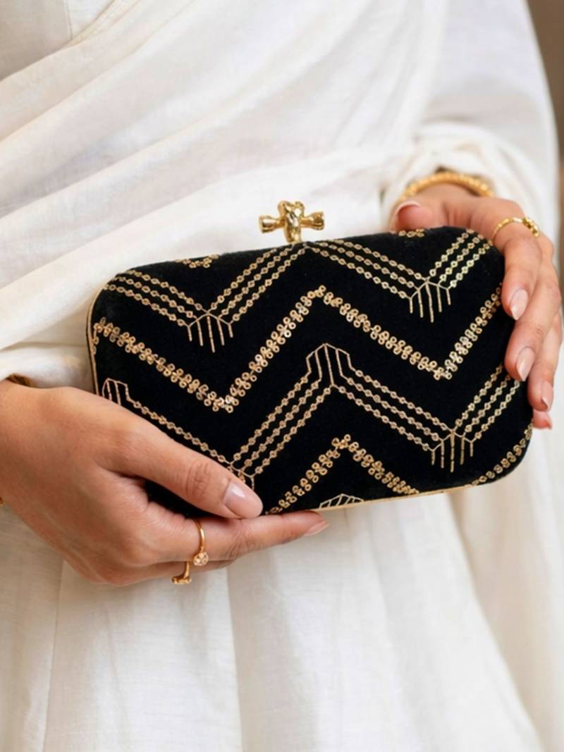  elegant black velvet embroidered clutch