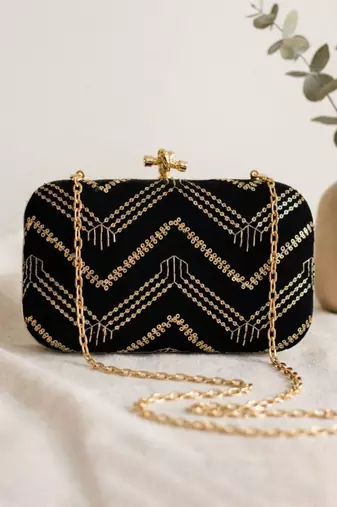  elegant black velvet embroidered clutch
