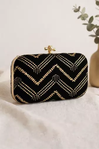  elegant black velvet embroidered clutch