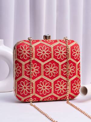  red based threadwork embroidery clutch bag for wonen with detachable strap 1