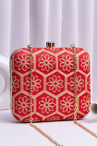  red based threadwork embroidery clutch bag for wonen with detachable strap