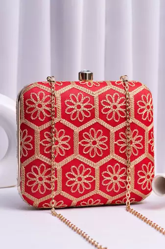  red based threadwork embroidery clutch bag for wonen with detachable strap