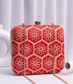  red based threadwork embroidery clutch bag for wonen with detachable strap