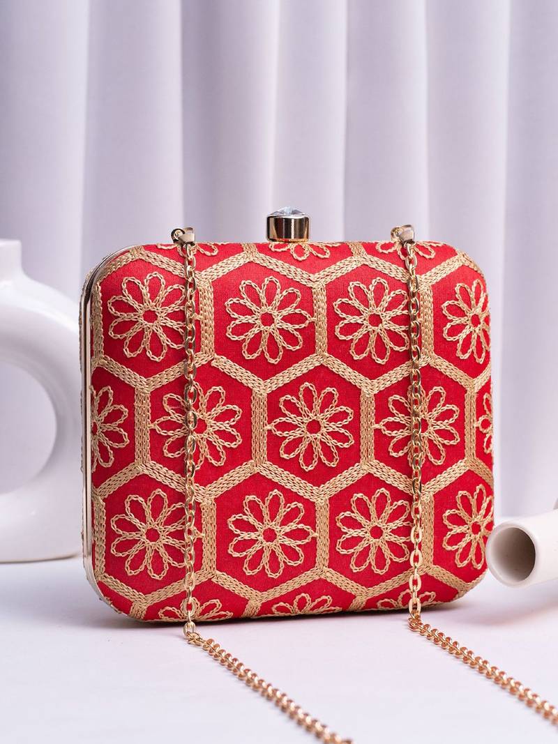  red based threadwork embroidery clutch bag for wonen with detachable strap