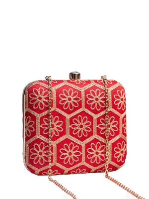  red based threadwork embroidery clutch bag for wonen with detachable strap 2