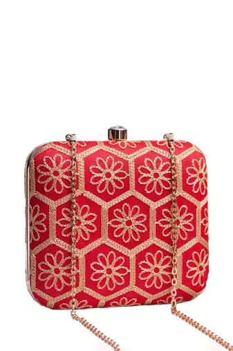  red based threadwork embroidery clutch bag for wonen with detachable strap