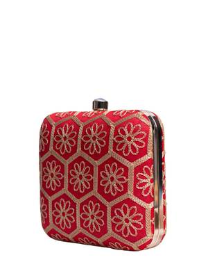 red based threadwork embroidery clutch bag for wonen with detachable strap 3