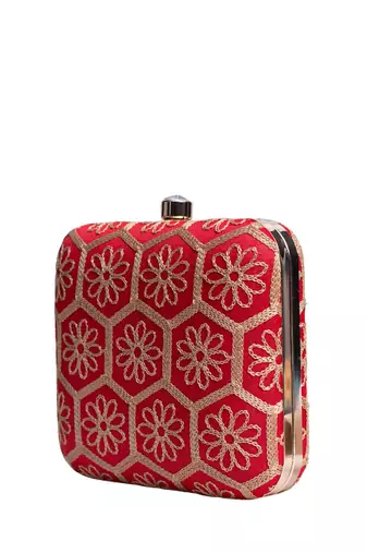  red based threadwork embroidery clutch bag for wonen with detachable strap