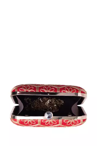  red based threadwork embroidery clutch bag for wonen with detachable strap