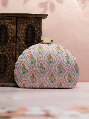  floral printed embroidered half moon clutch 1