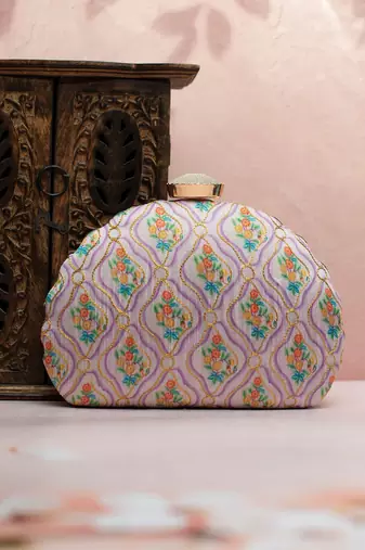  floral printed embroidered half moon clutch