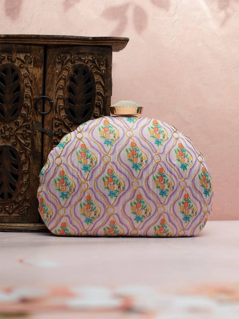  floral printed embroidered half moon clutch