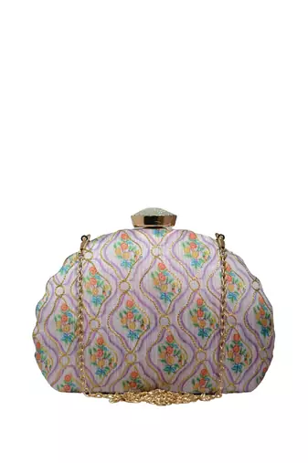  floral printed embroidered half moon clutch