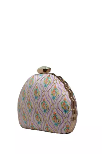 floral printed embroidered half moon clutch