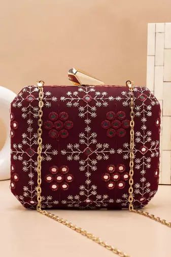  maroon based sequins embroidery clutch bag for women