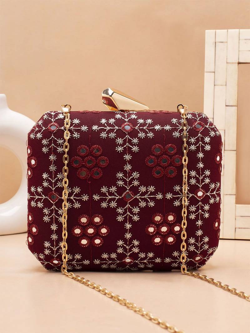  maroon based sequins embroidery clutch bag for women