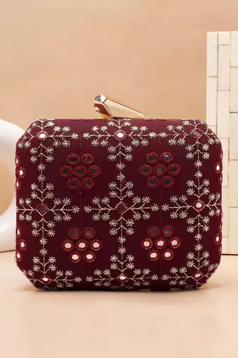  maroon based sequins embroidery clutch bag for women