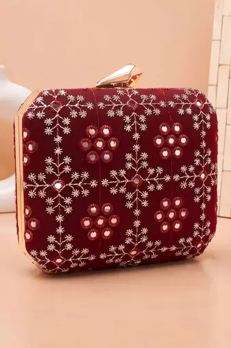  maroon based sequins embroidery clutch bag for women