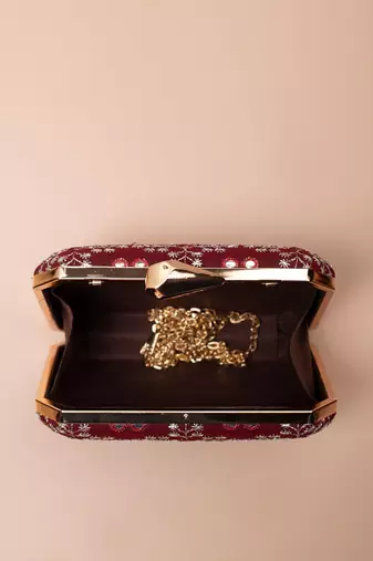  maroon based sequins embroidery clutch bag for women